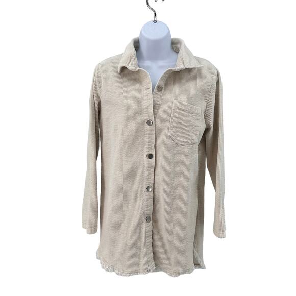 Elan Off White Corduroy Shirt Jacket Womens M Button Up Raw Edge Hem Long Sleeve - Picture 4 of 12